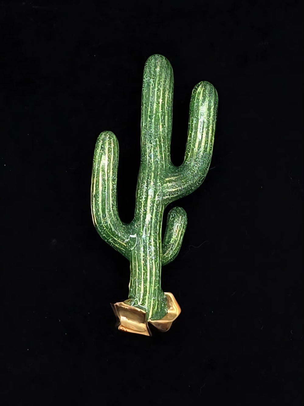 Green Cactus Enamel Brooch with Gold Accents